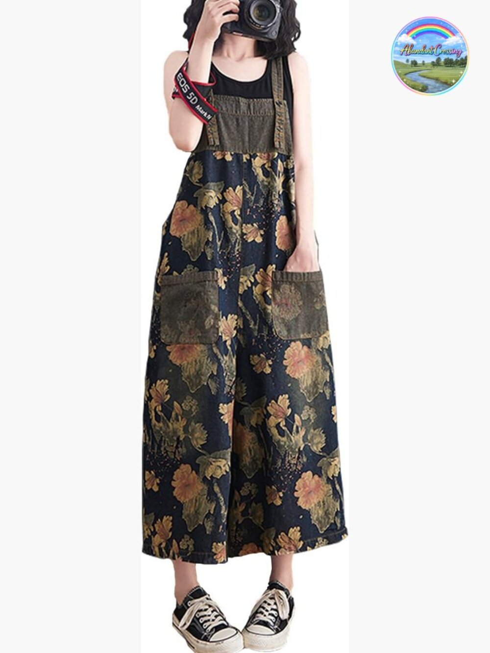Loose Adjustable Straps Print Baggy Denim Overalls Casual Wide Leg Jumpsuit